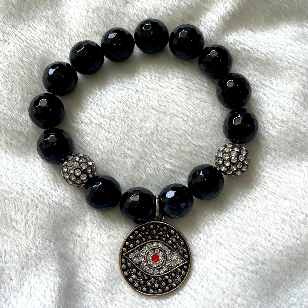 Evil Eye Black Beaded Crystal Stretch Bracelet
